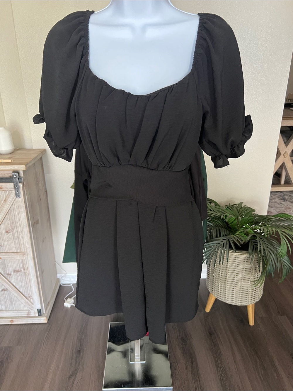 Black Puff-Sleeve Mini Dress - Classic Square Neck